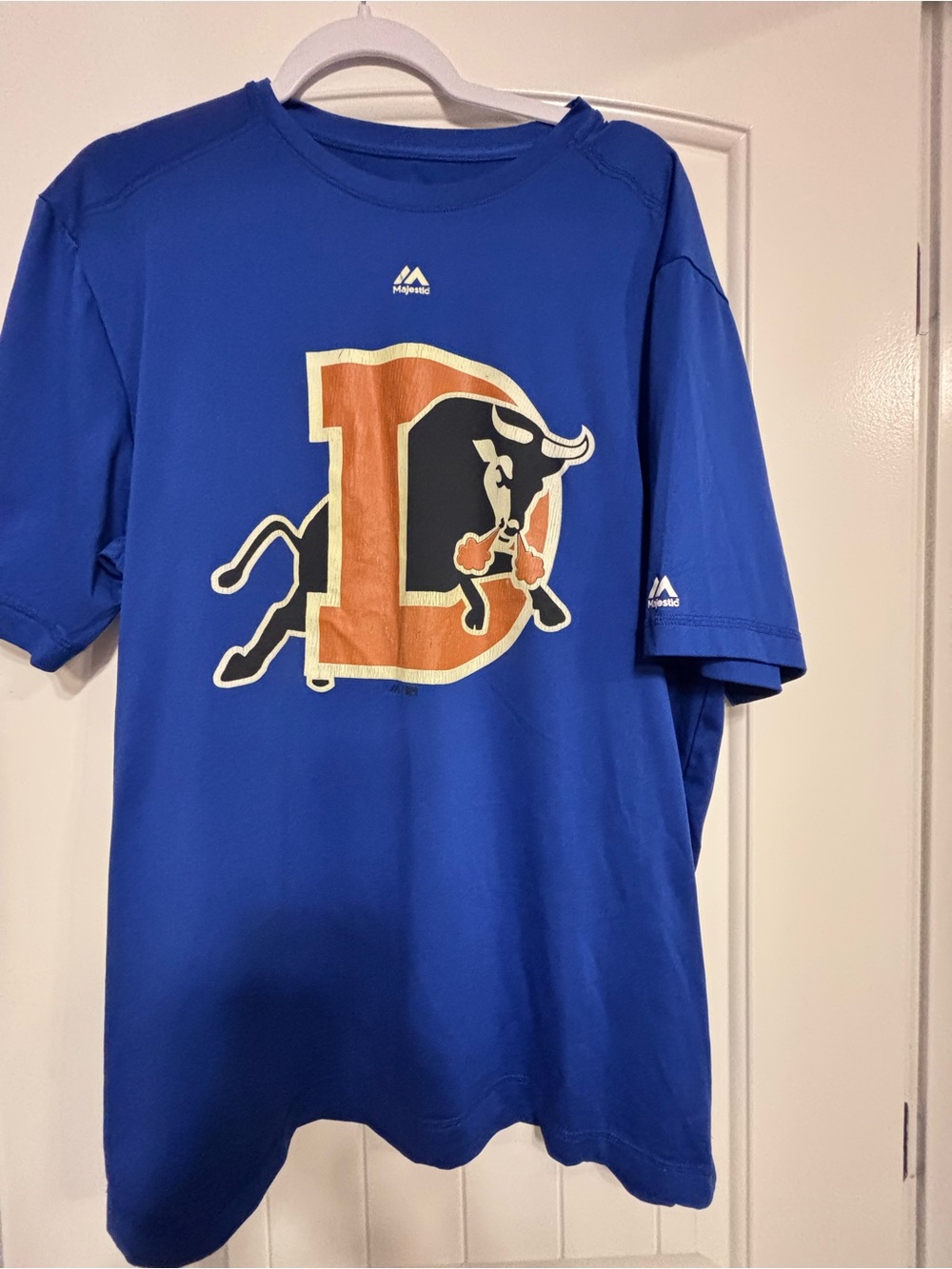Majestic Durham Bulls Blue T-Shirt with Orange and Black Bull D Logo, XL